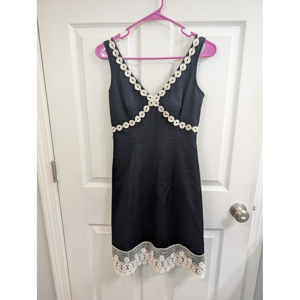 J.Crew Sheath Dress Womens Navy Blue Crochet Trim V-Neck Sleeveless - Size 0